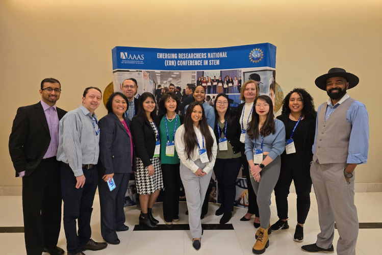 From left to right: Educators Parmanand Mohanlall, Jason Econome, Juditha Damiao, Iulian Irimina, Sharon Bottu, Martina Choi, Cherrilyn Badilla, Brooke Williams, Wendy Lin, Alexandra Chukhareva, Beverly Lam, Fernanda Martinez, and Trey Greene at the Emerging Researchers National (ERN) Conference in STEM in Washington, D.C. Photo credit: Columbia Engineering.